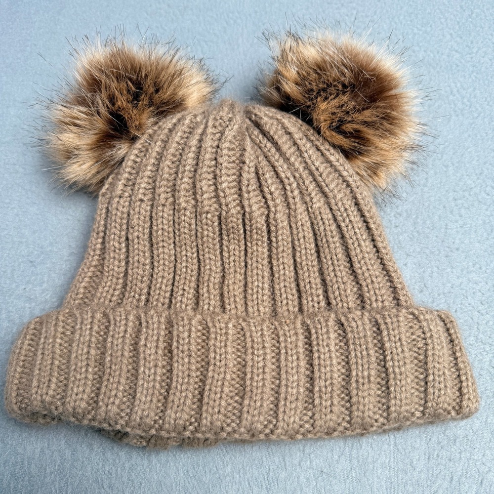 Double Pom Pom Beanie Brown Ribbed Knit Fleece Lined Winter Hat RN 155352‎